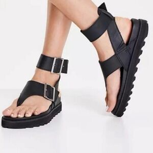 Sorel Women's Roaming T-Strap Sandals Ankle Strap Black Leather Sz 6.5